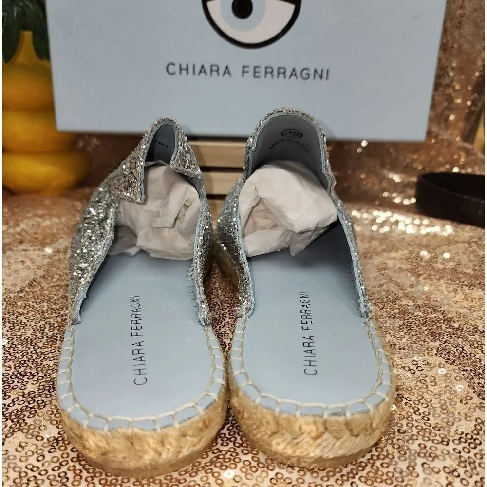 CHIARA FERRAGNI Glitter Espadrille Mules In Silver